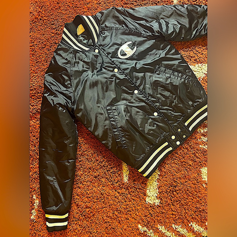 Champion shiny black reverse weave varsity jacket